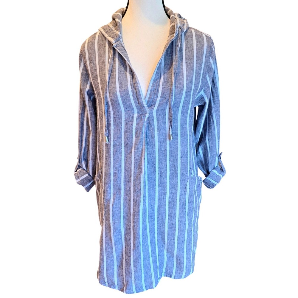 Forcynthia Beachwear Striped Linen Cotton Hooded Cover Up Tunic Shirt M Coastal